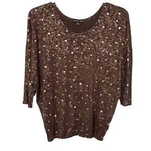 KIM & CAMI LONG RAGLAN SLV ROUND NECK TOP, WOMENS, XL, BROWN WITH GOLDTONE STARS